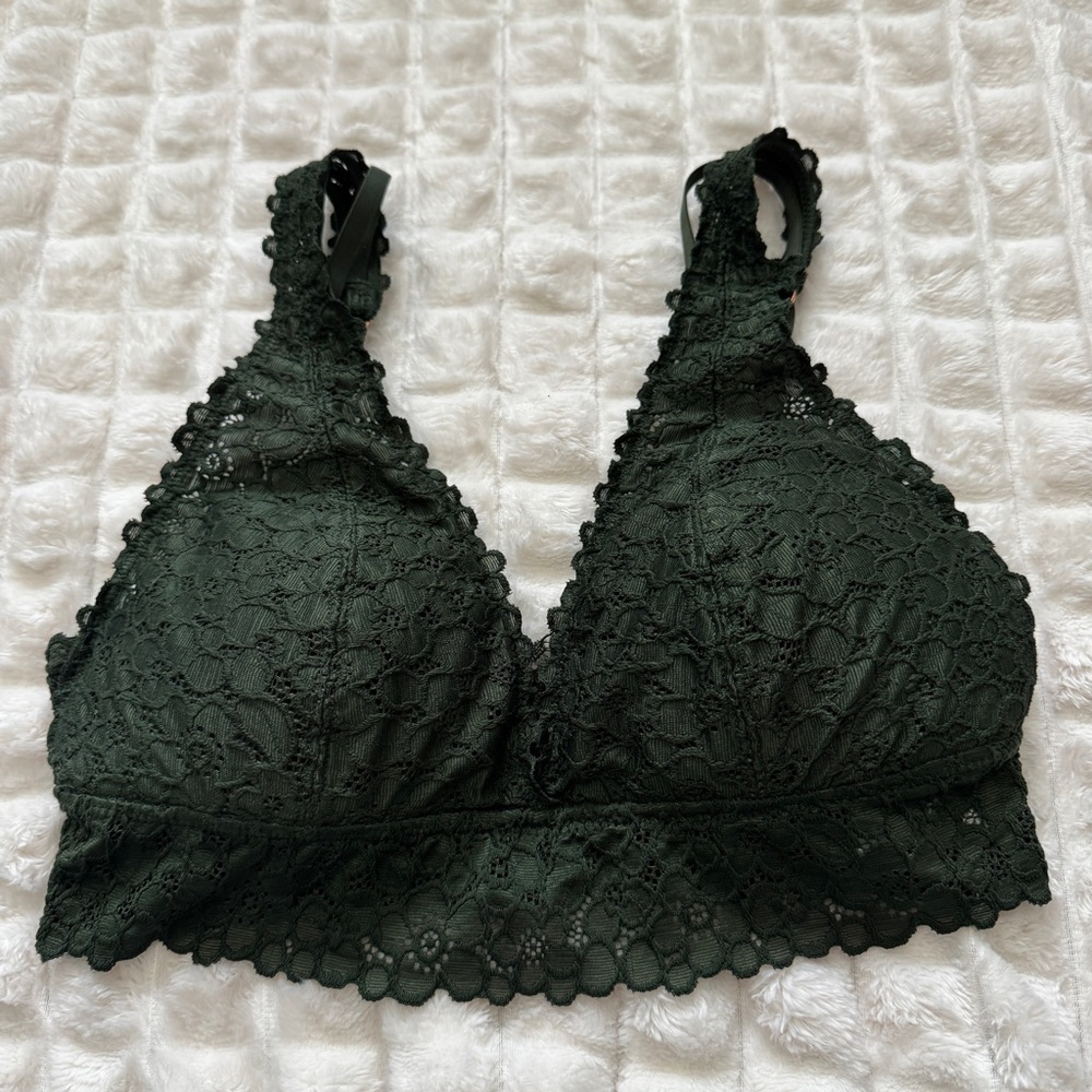 NEW Aerie Small Dark Green Lace Bra Bralette ~ Adjustable Strap Plunge V-Neck